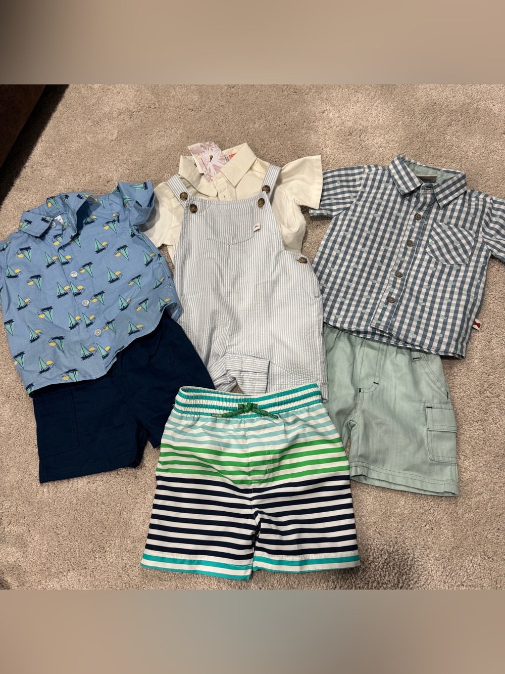 12 month boys shirt short set and swimsuit, Navy, Green and White